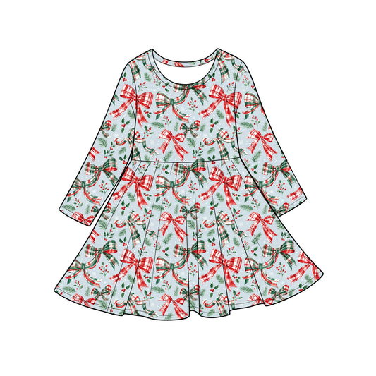 Baby Girls Green Red Checked Bows Flowers Christmas Knee Length Dress Preorder