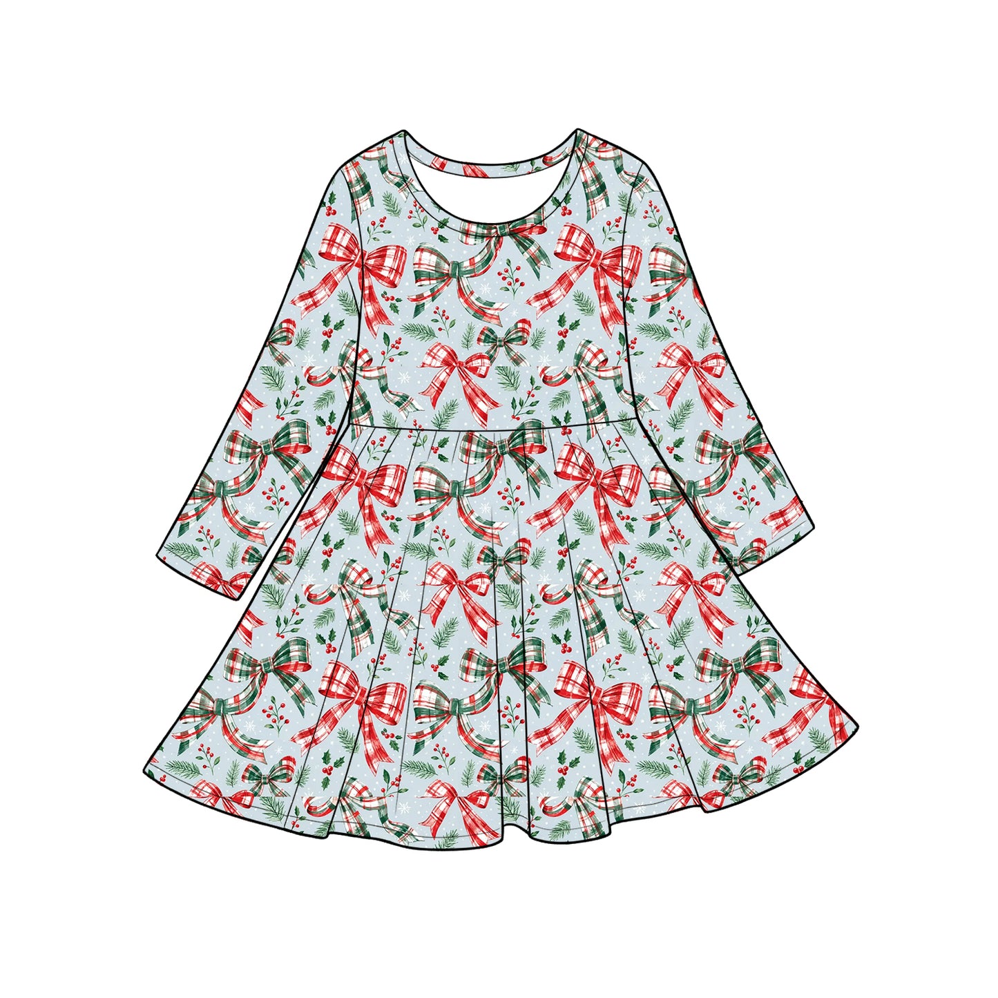 Preorder moq 5 Baby Girls Green Red Checked Bows Flowers Christmas Knee Length Dress