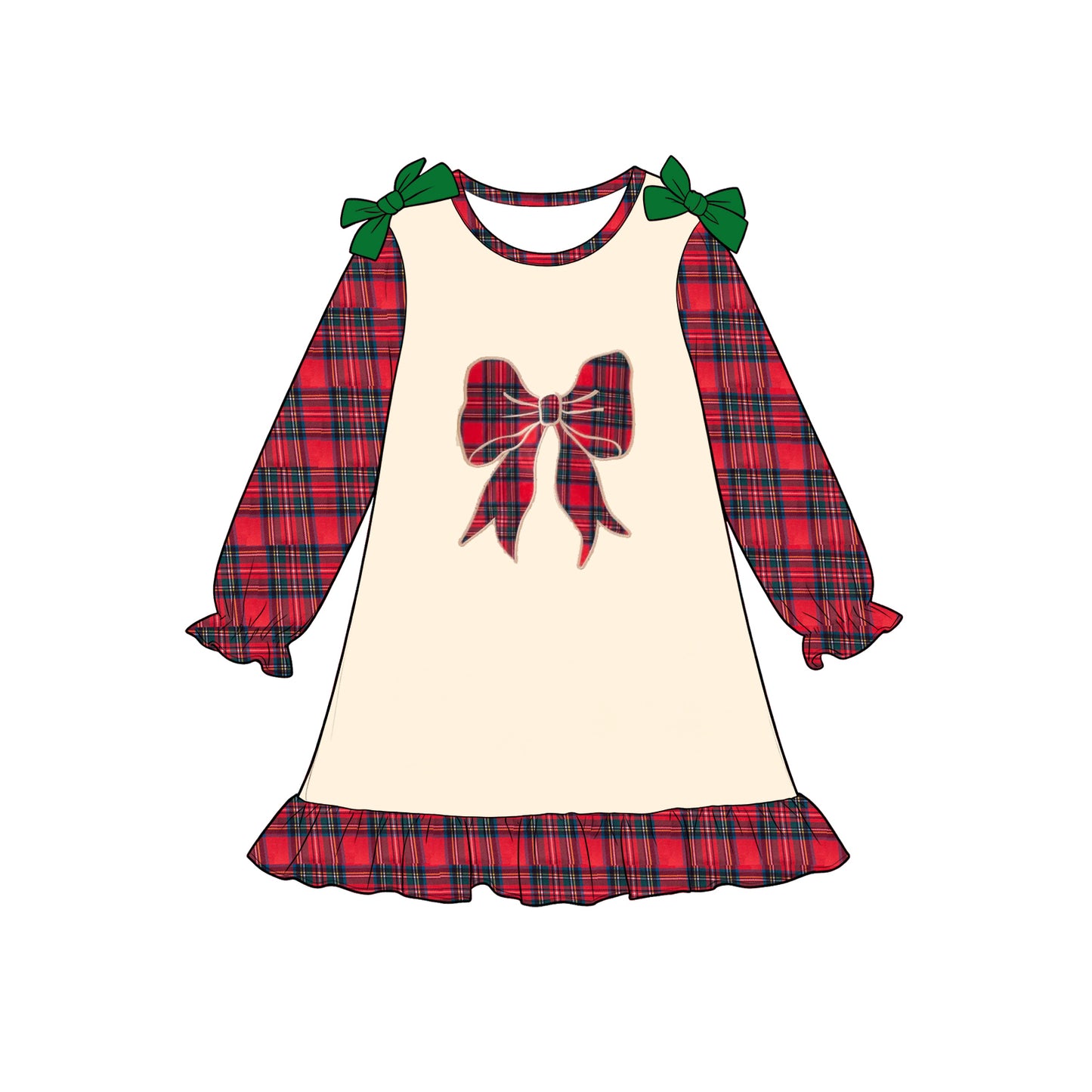 Preorder moq 5 Baby Girls Green Red Checked Bows Ruffle Christmas Knee Length Dress