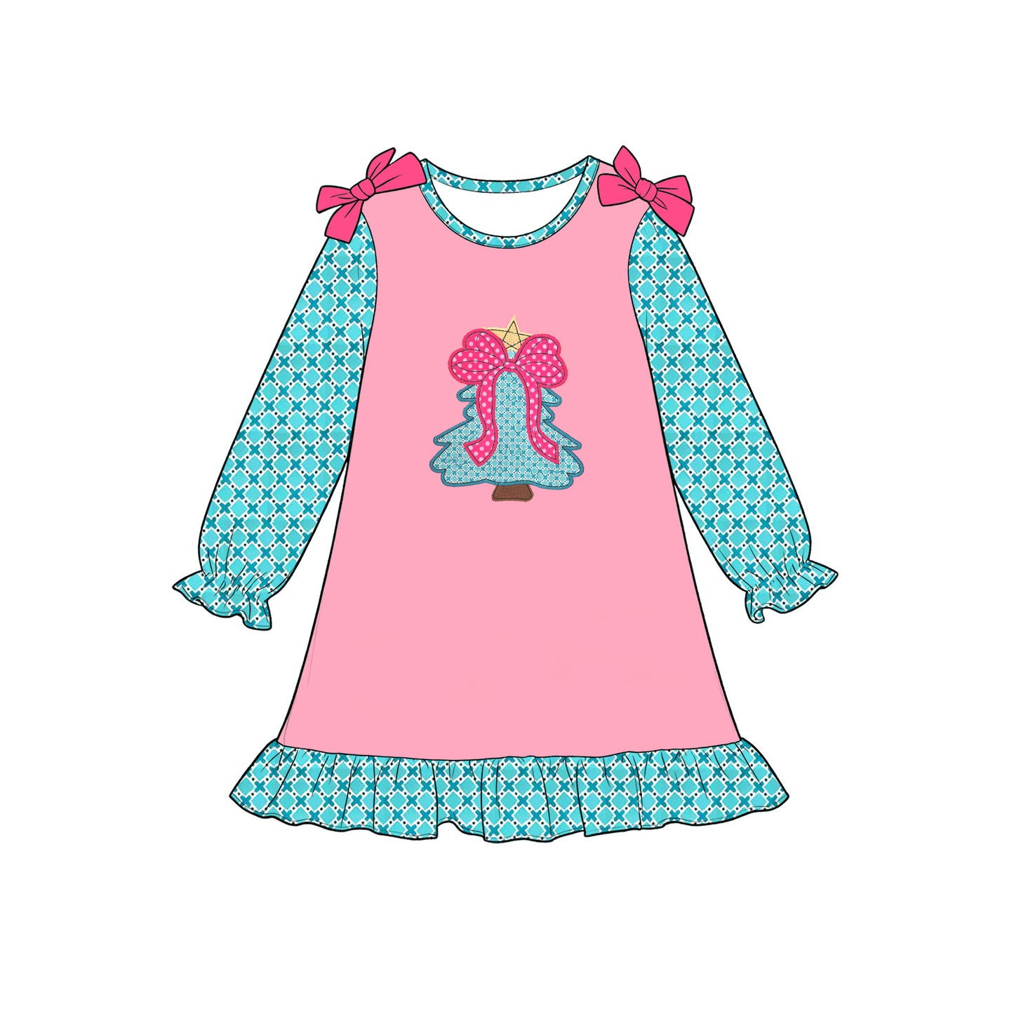 Preorder moq 5 Baby Girls Polka Dots Bow Trees Ruffle Christmas Knee Length Dress