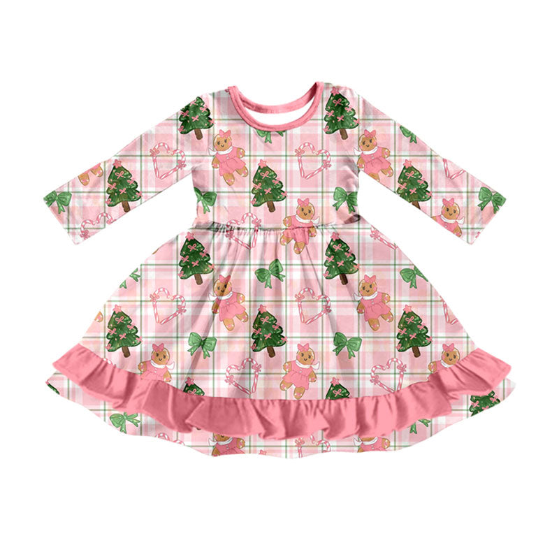 Preorder moq 5 Baby Girls Bow Gingerbread Trees Ruffle Christmas Knee Length Dress
