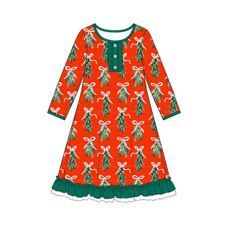 Preorder moq 5 Baby Girls Bows Trees Christmas Button Ruffle Knee Length Dress