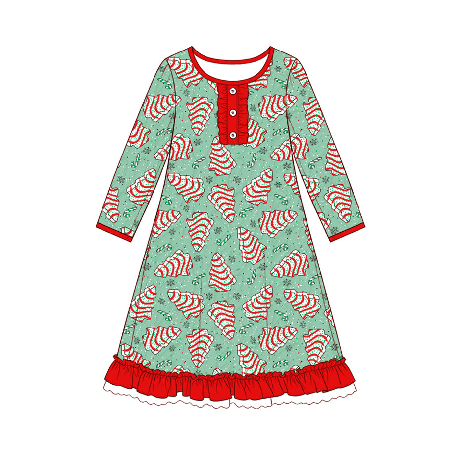 Preorder moq 5 Baby Girls Snowflakes Stripe Trees Christmas Button Ruffle Knee Length Dress