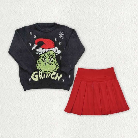 Baby Girls Christmas Black Frog Woolen Sweaters Top Yoga Active Red Pleated Skirt Short Clothes Set