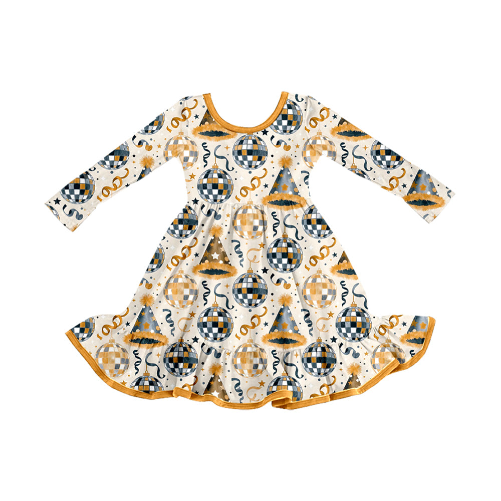 Preorder moq 5 Baby Girls Stars Lights Happy New Year Ruffle Knee Length Dress