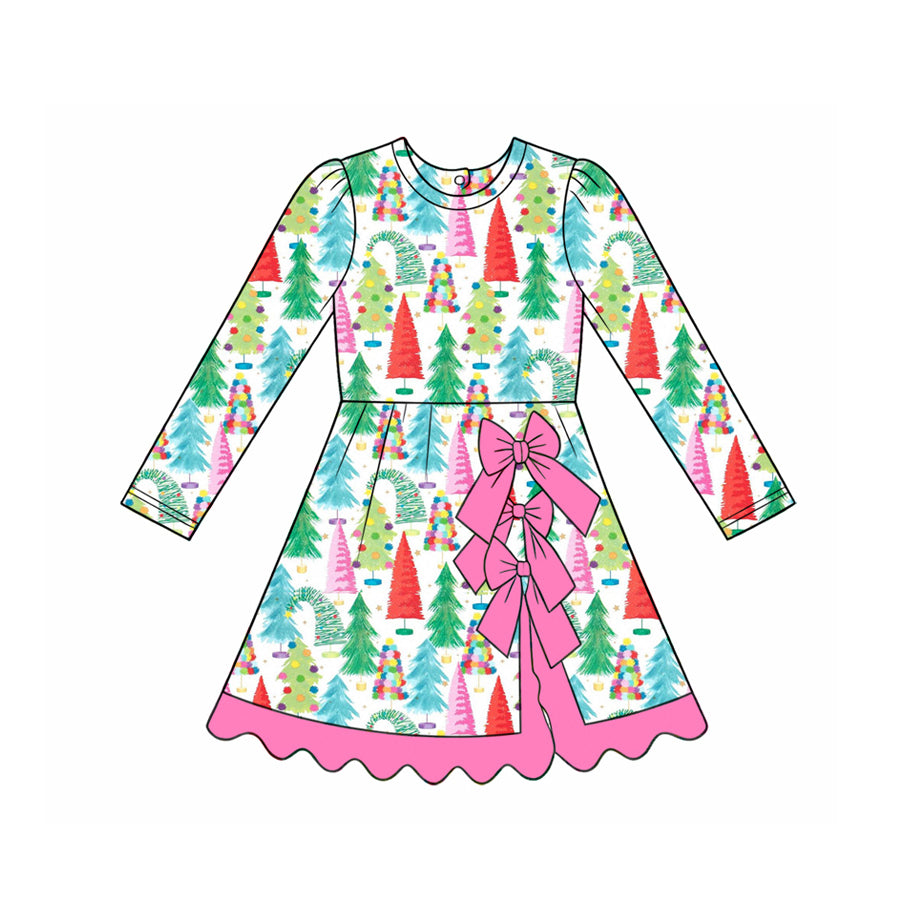 Preorder moq 5 Baby Girls Colorful Trees Christmas Yoga Active Short Bows Scallop Knee Length Dress