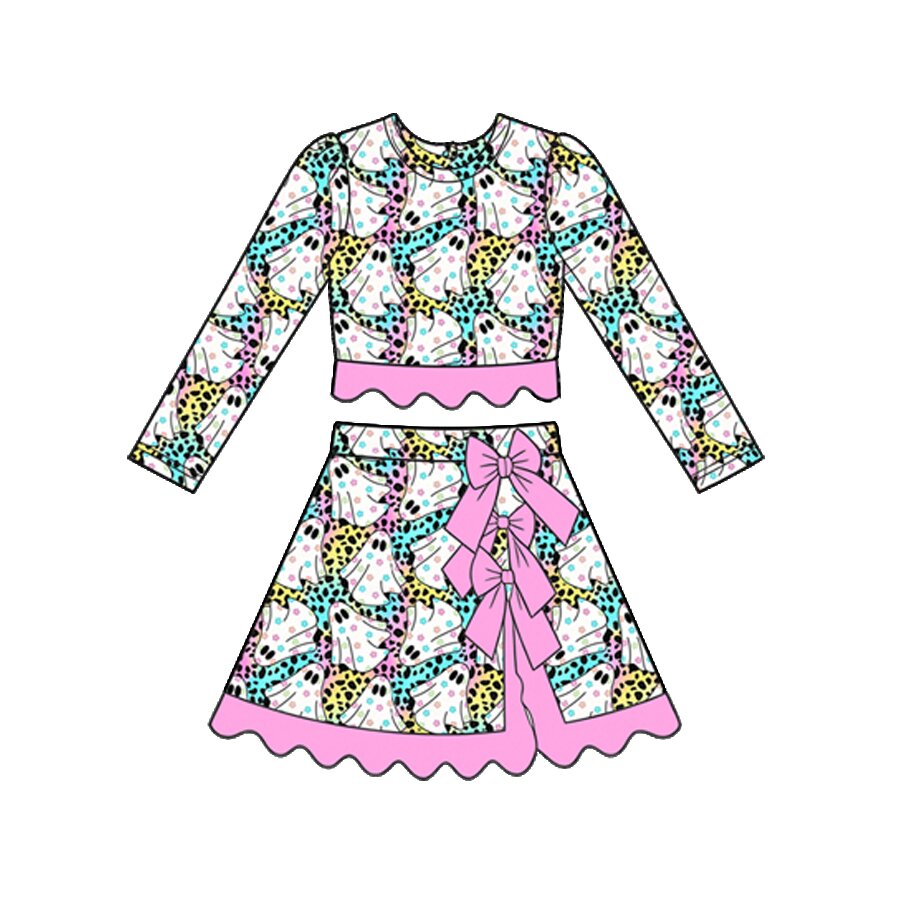 Preorder moq 5 Baby Girls Leopard Ghosts Halloweens Top Bows Skirt Short Scallop Clothes Set