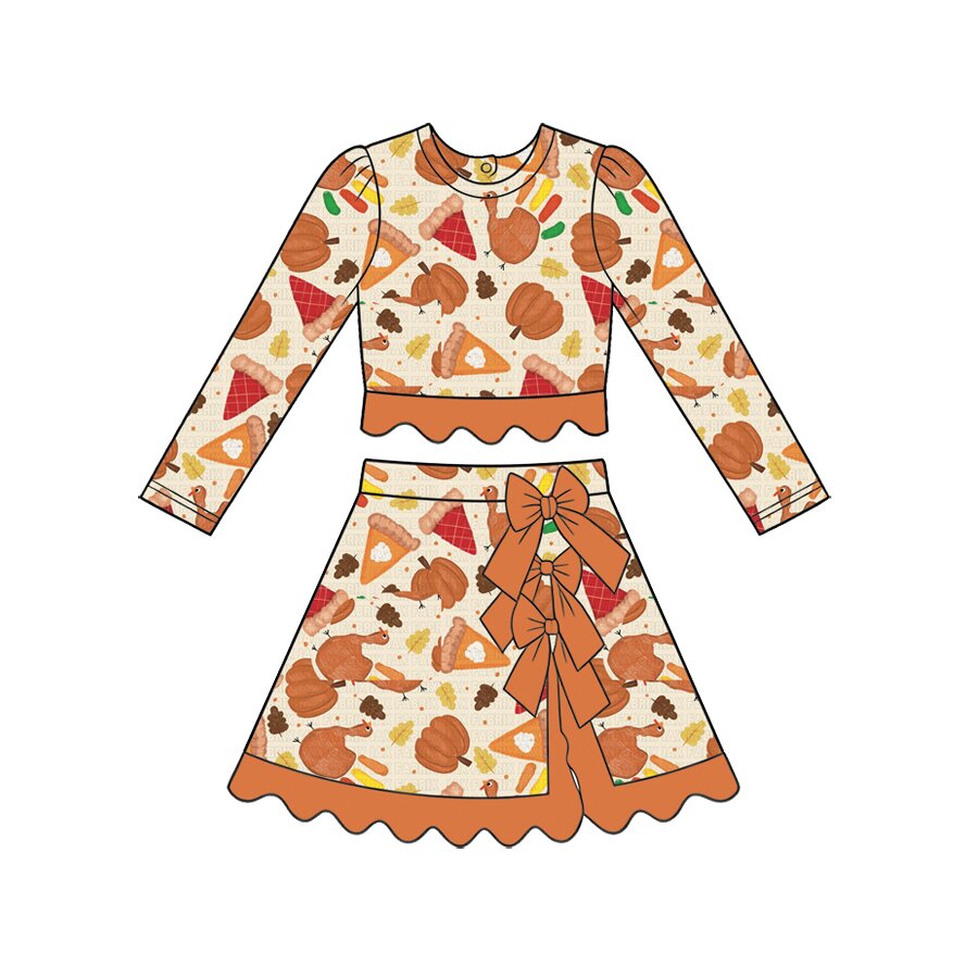 Preorder moq 5 Baby Girls Turkey Pumpkins Thanksgivings Top Bows Skirt Short Scallop Clothes Set