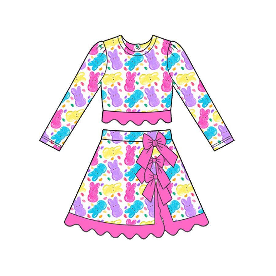 Preorder moq 5 Baby Girls Colorful Rabbits Easter Top Bows Skirt Short Scallop Clothes Set