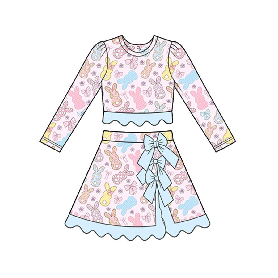 Preorder moq 5 Baby Girls Colorful Rabbits Easter Top Bows Skirt Short Scallop Clothes Set