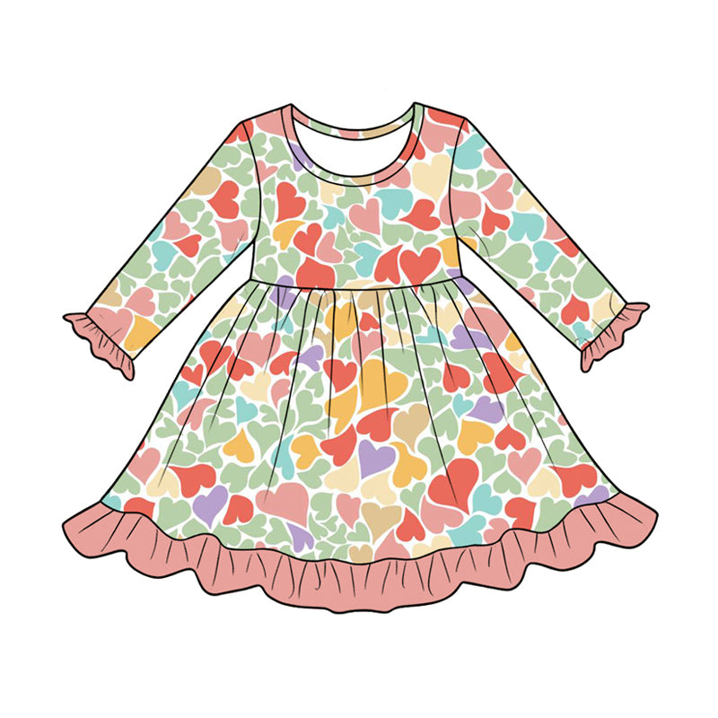 Preorder moq 5 Baby Girls Colorful Hearts Valentines Ruffle Knee Length Dress