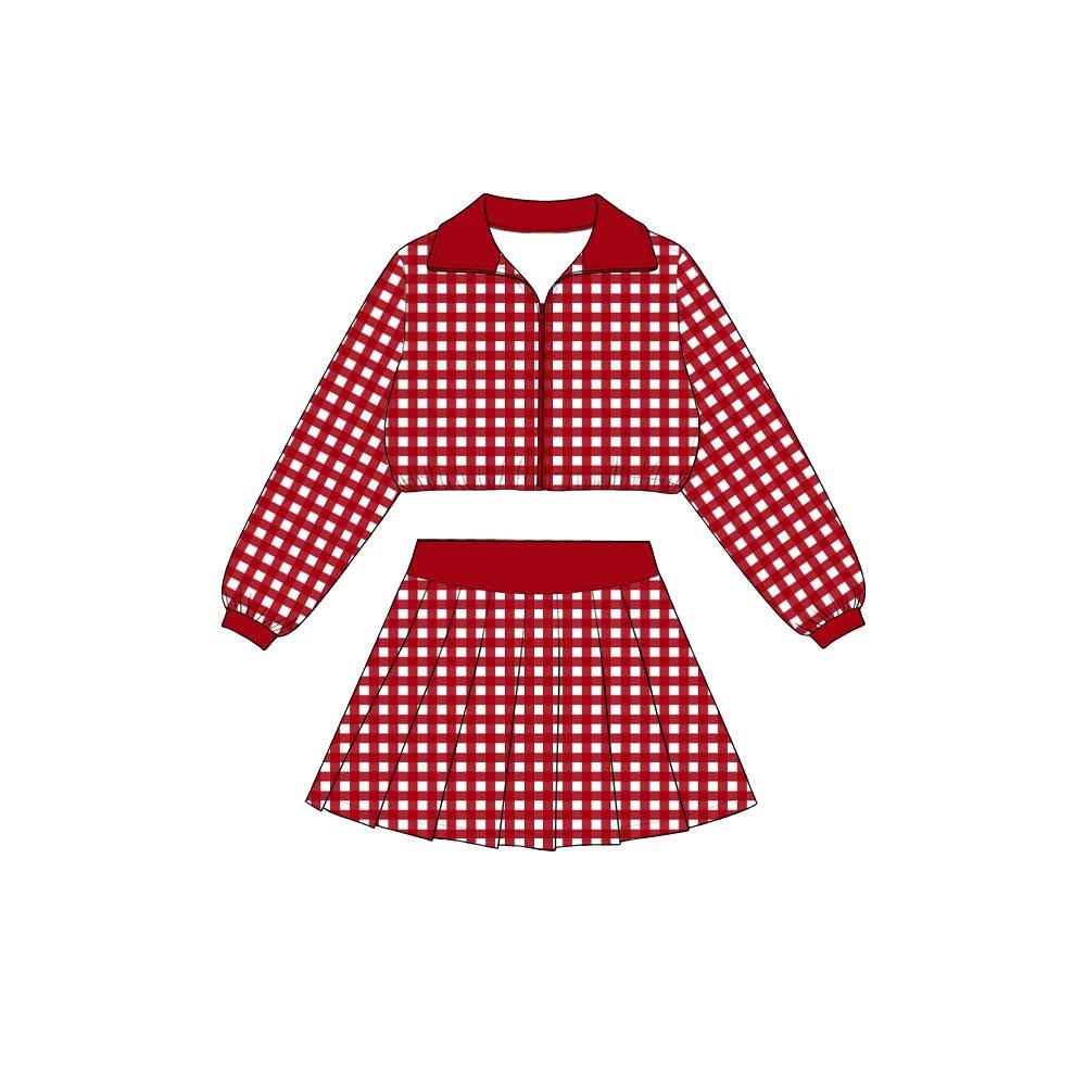 Preorder moq 5 Baby Girls Red Checked Zip Jacket Top Skirt Short Yoga Active Clothes Set