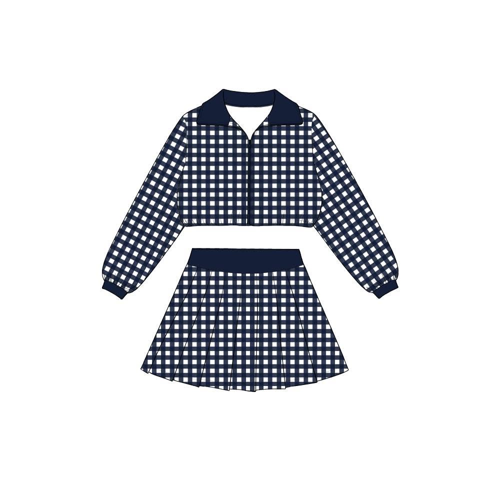 Preorder moq 5 Baby Girls Navy Checked Zip Jacket Top Skirt Short Yoga Active Clothes Set