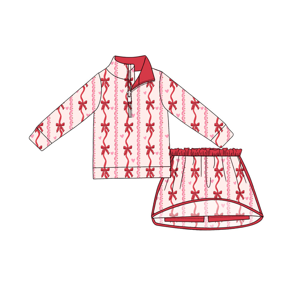 Preorder moq 5 Baby Girls Bows Hearts Zip Pullover Skirt Short Valentines Clothes Set