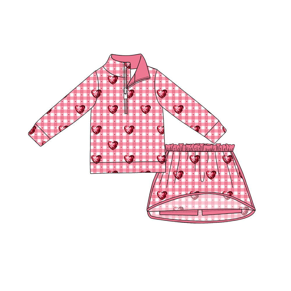 Preorder moq 5 Baby Girls Hearts Checked Zip Pullover Skirt Short Valentines Clothes Set