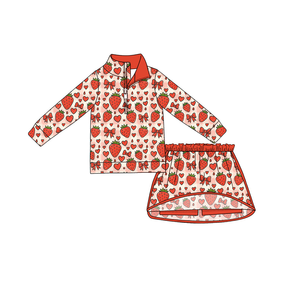 Preorder moq 5 Baby Girls Hearts Strawberry Bows Zip Pullover Skirt Short Valentines Clothes Set