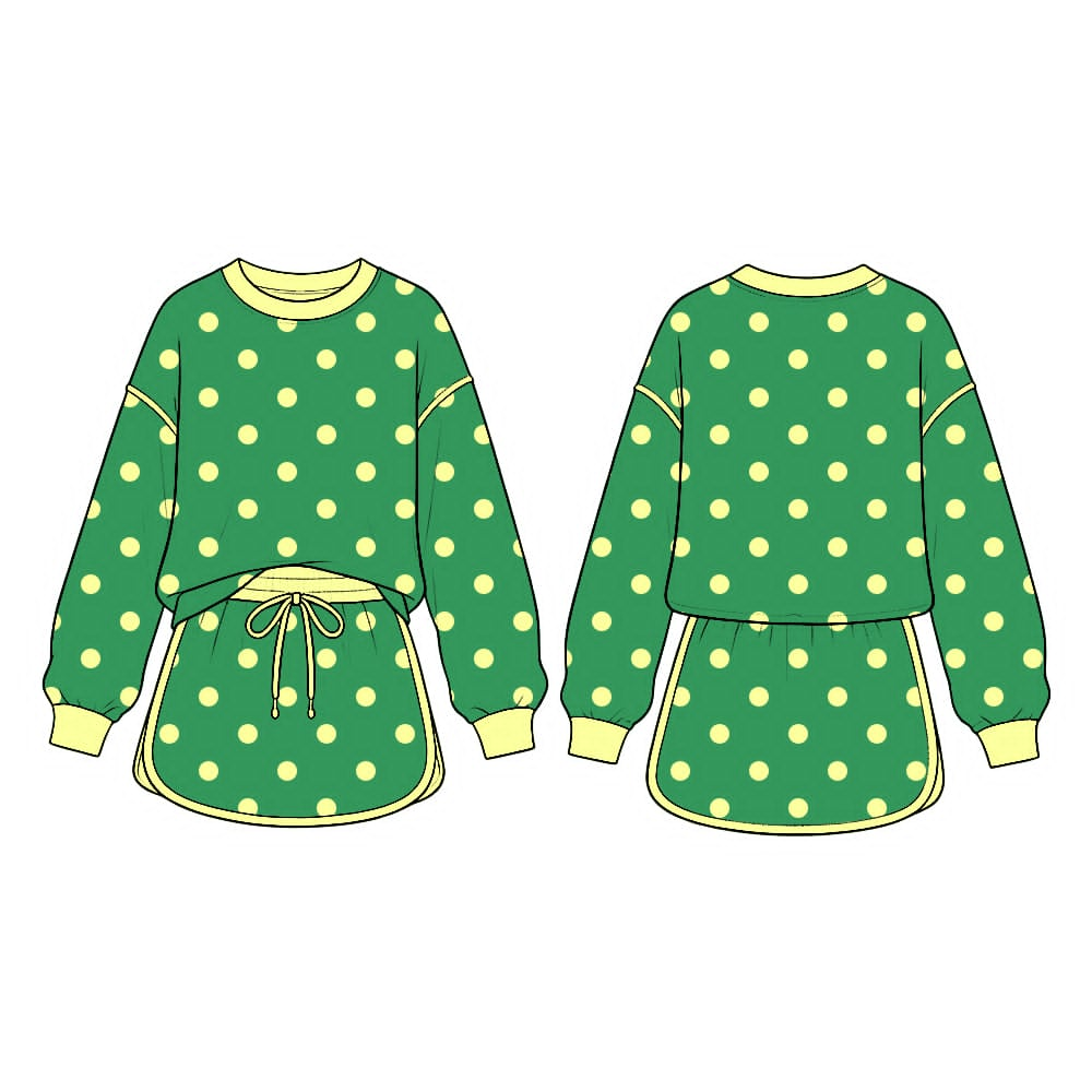 Preorder moq 5 Baby Girls Green Polka Dots Long Sleeve Top Skirt Short Clothes Set