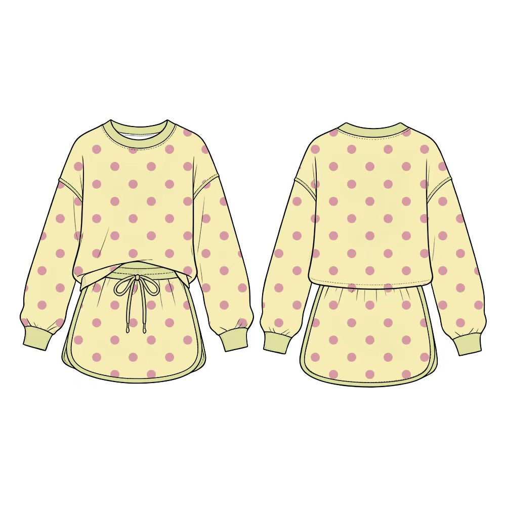 Preorder moq 5 Baby Girls Yellow Polka Dots Long Sleeve Top Skirt Short Clothes Set