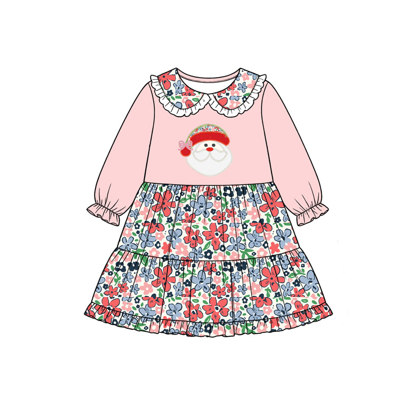 Preorder moq 5 Baby Girls Flowers Santa Christmas Collar Knee Length Dress