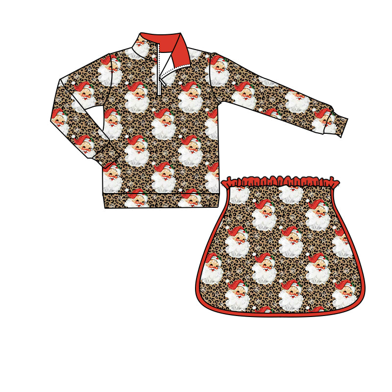 Preorder moq 5 Baby Girls Leopard Santa Zip Pullovers Skirt Shorts Christmas Clothes Set