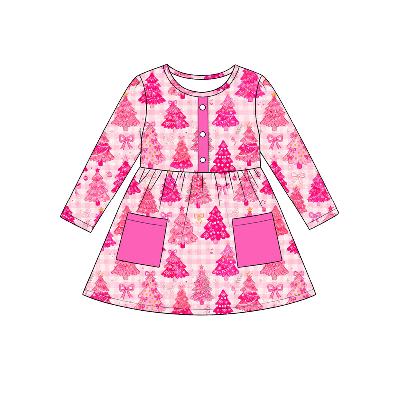 Preorder moq 5 Baby Girls Pink Checked Bows Trees Button Pockets Christmas Knee Length Dress