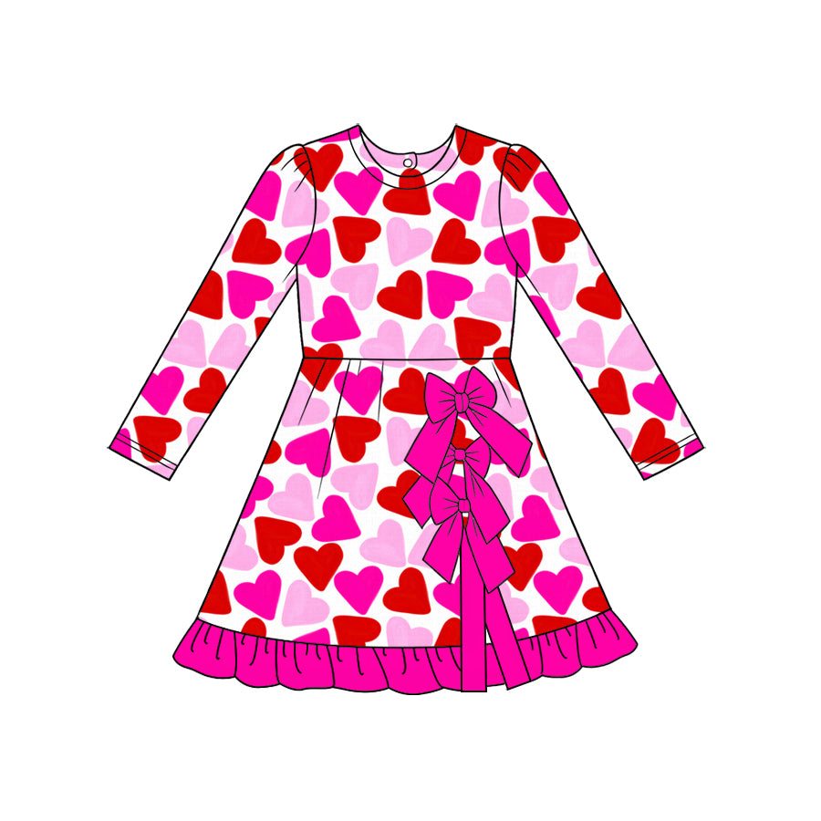 Preorder moq 5 Baby Girls Pink Red Hearts Yoga Active Short Bows Scallop Knee Length Dress