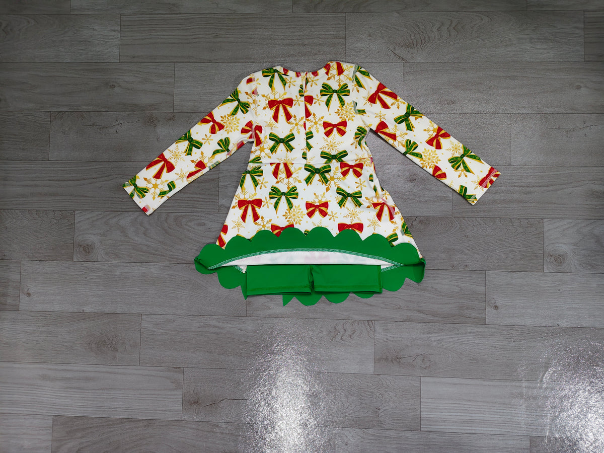 Baby Girls Green Red Bows Christmas Yoga Active Short Scallop Knee Length Dress Preorder