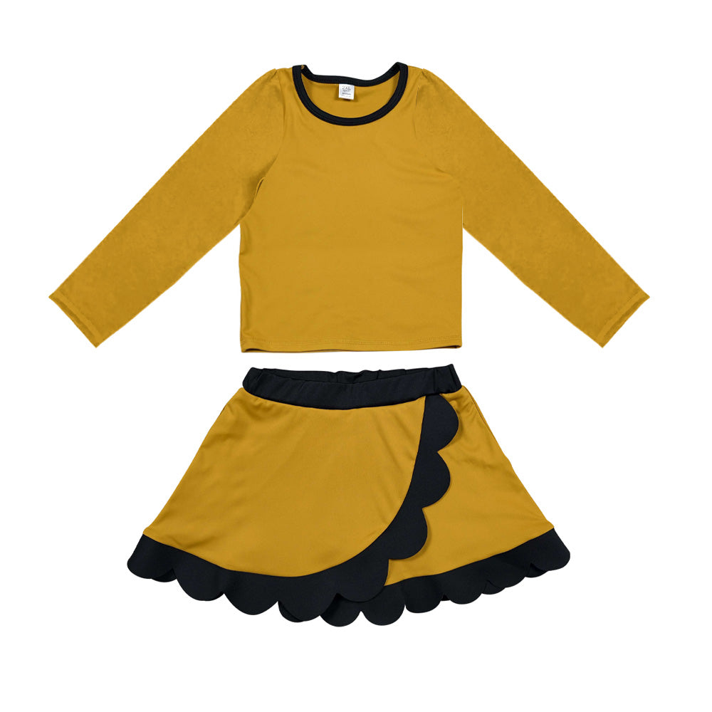 Preorder moq 5 Baby Girls Gold Black Long Sleeve Top Scallop Skirt Short Yoga Active Clothes Set