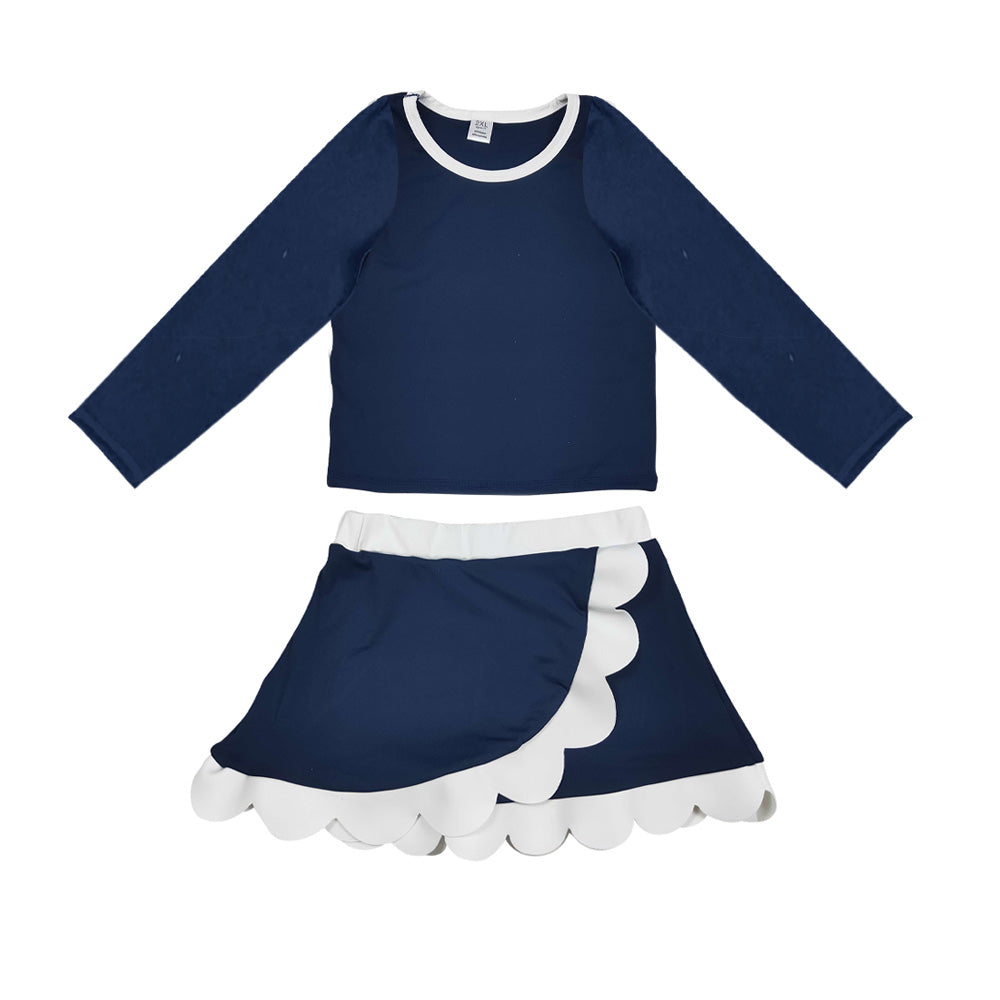 Preorder moq 5 Baby Girls Navy White Long Sleeve Top Scallop Skirt Short Yoga Active Clothes Set