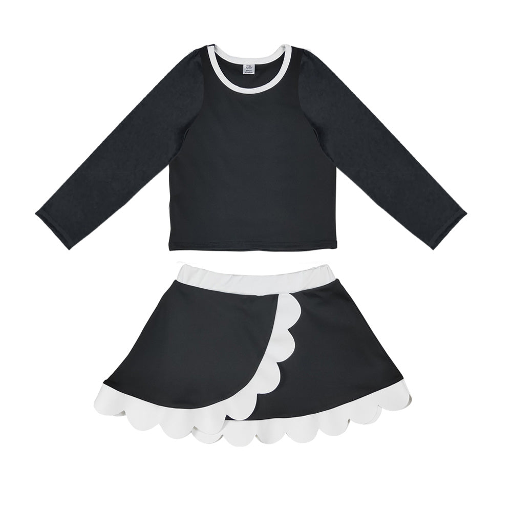 Preorder moq 5 Baby Girls Black White Long Sleeve Top Scallop Skirt Short Yoga Active Clothes Set