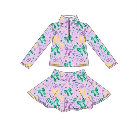 Preorder moq 5 Baby Girls Bows Mask Zip Pullover Skirt Short Mardigras Yoga Active Clothes Set