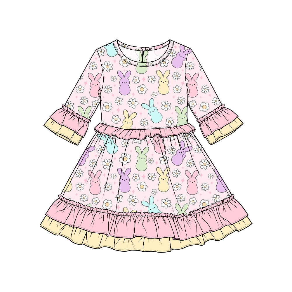 Baby Girls Flowers Rabbits Three Quarter Sleeve Easter Ruffle Knee Length Dress