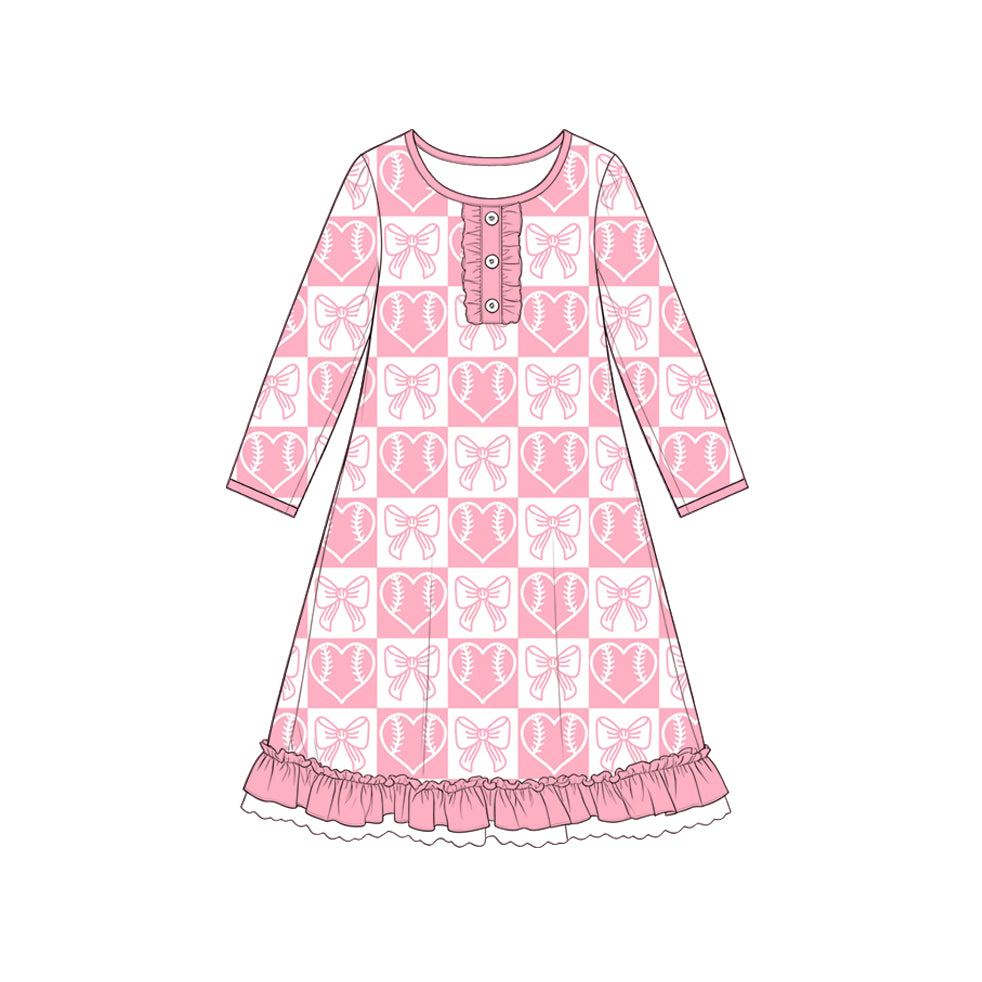 Baby Girls Baseball Heart Bows Checked Valentines Button Ruffle Knee Length Dress Preorder