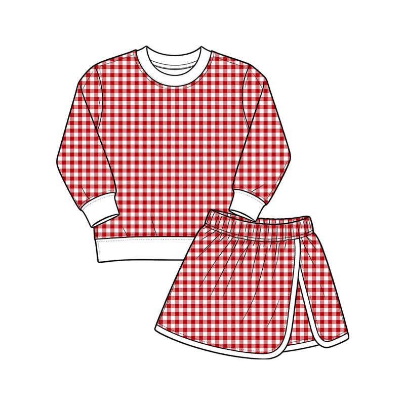 Baby Girls Red Checked Long Sleeve Top Skirt Short Yoga Active Clothes Set Preorder