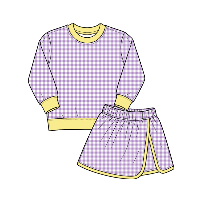 Baby Girls Lavender Checked Long Sleeve Top Skirt Short Yoga Active Clothes Set Preorder