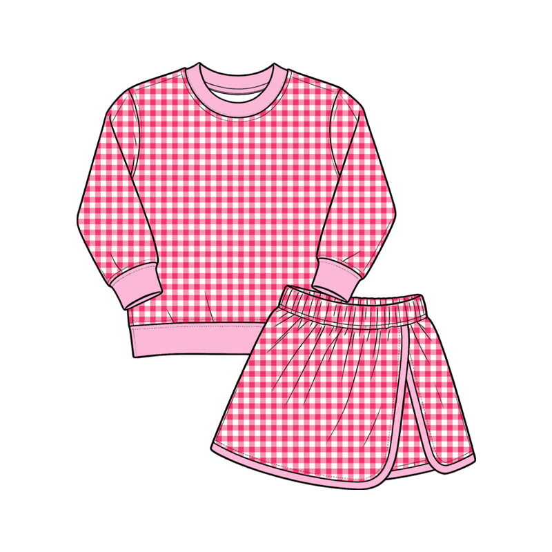 Baby Girls Pink Checked Long Sleeve Top Skirt Short Yoga Active Clothes Set Preorder