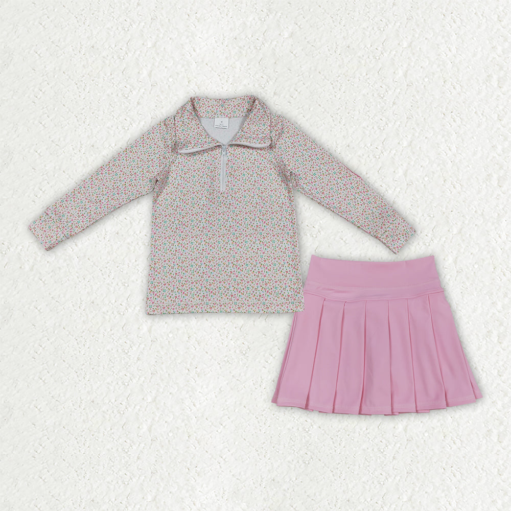 Baby Girls Pink Small Flowers Zip Pullover Yoga Active Skirt Shorts Clothes Sets