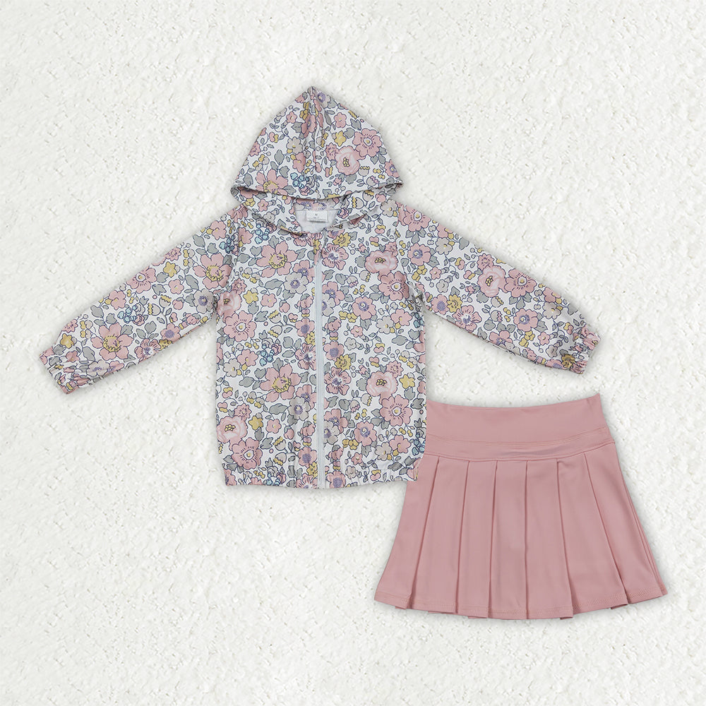 Baby Girls Pink Flowers Zip Pockets Hoodie Jackets Yoga Active Skirt Shorts Clothes Sets