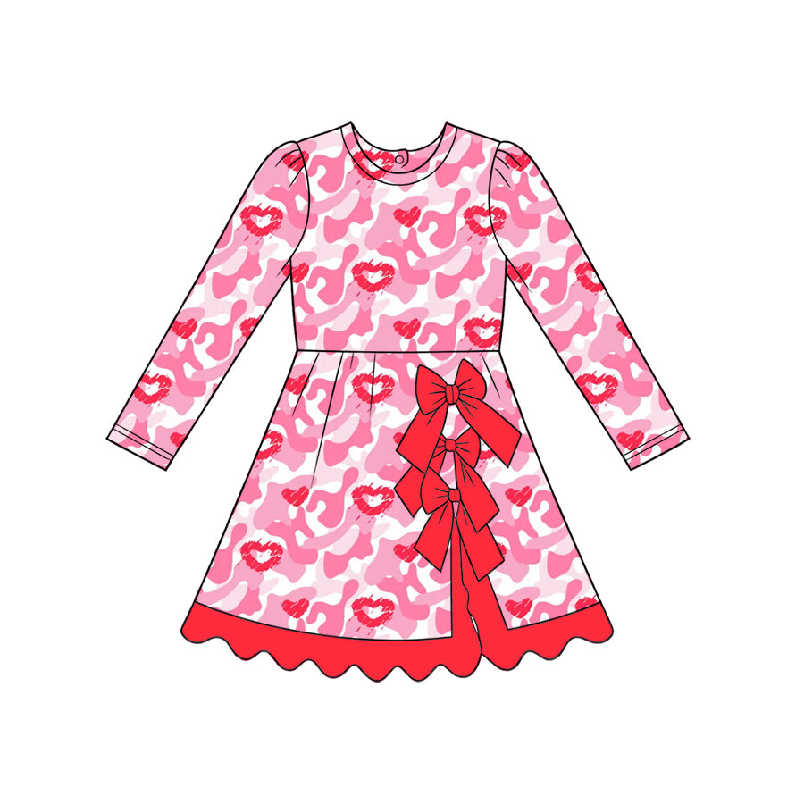 Baby Girls Hearts Camo Valentines Yoga Active Short Bows Scallop Knee Length Dress Preorder