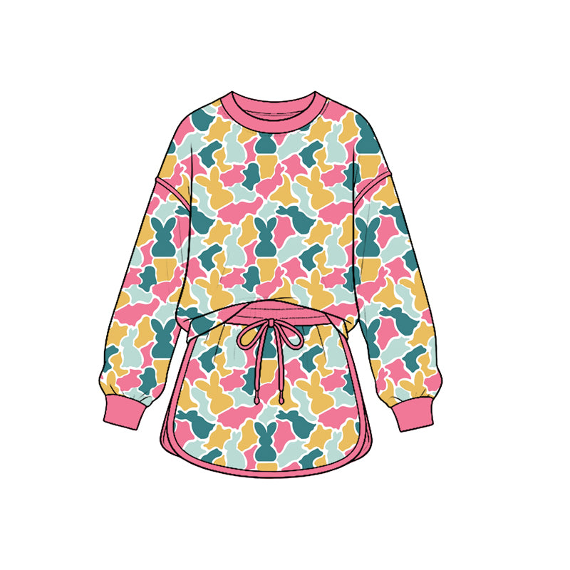 Baby Girls Long Sleeve Rabbits Camo Top Skirt Short Easter Clothes Set Preorder