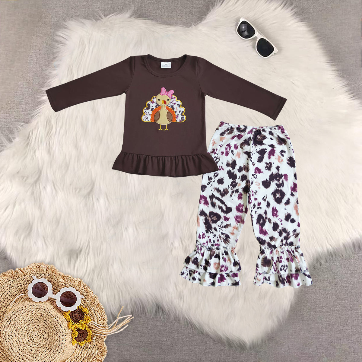 Sibling Baby Girls Brown Long Sleeves Turkey Tunic Ruffle Leopard Pant Sets Romper