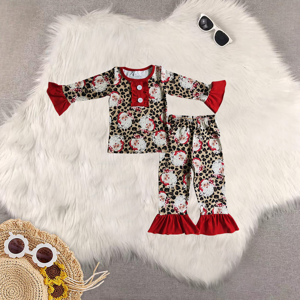 Sibling Baby Kids Christmas Santa Leopard Top Pant Pajamas Clothes Sets