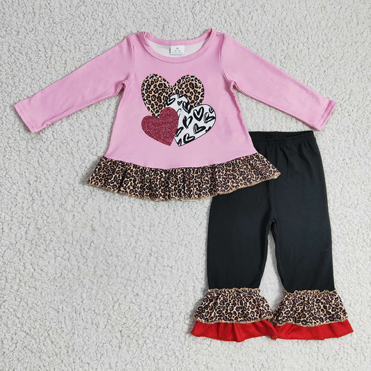 Sibling Baby Girls Leopard Hearts Tunic Ruffle Pants Valentines Clothes Set Footie Rompers