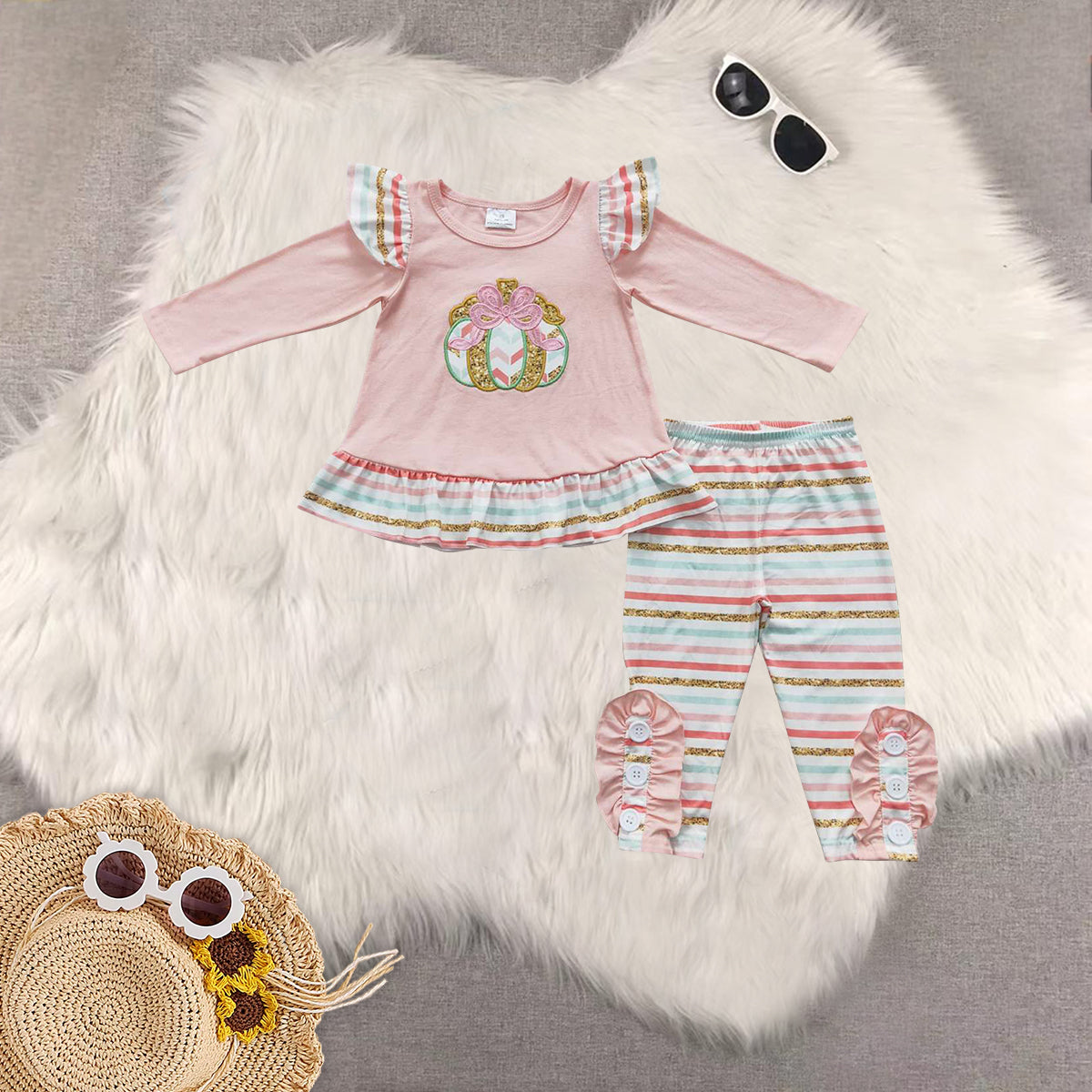 Sibling Baby Girls Light Pink Long Sleeves Floral Pumpkin Tunic Stripe Pant Sets Romper