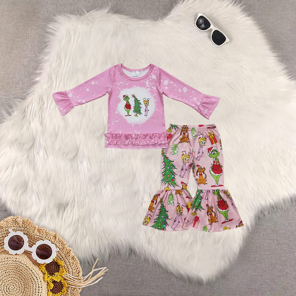Sibling Baby Girls Christmas Pink Frog Top Bell Bottom Pant Set Zipper Romper