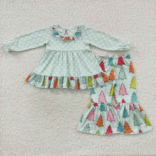 Sibling Baby Girls Long Ruffle Sleeves Santa Trees Lights Tunic Pants Christmas Clothes Sets