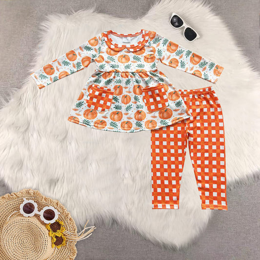 Sibling Baby Girls Fall Long Sleeves Pumpkins Pocket Tunic Bell Bottom Pants Clothes Sets
