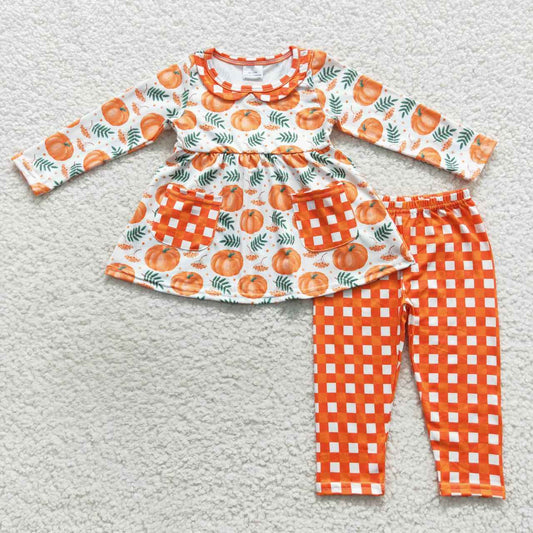 Sibling Baby Girls Flowers Pumpkins Button Pockets Tunic Ruffle Pants Fall Clothes Sets