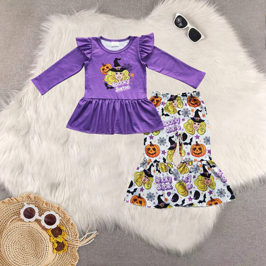 Sibling Baby Girls Halloween Doll Pumpkin Purple Bell Pants Pajamas Clothes Sets