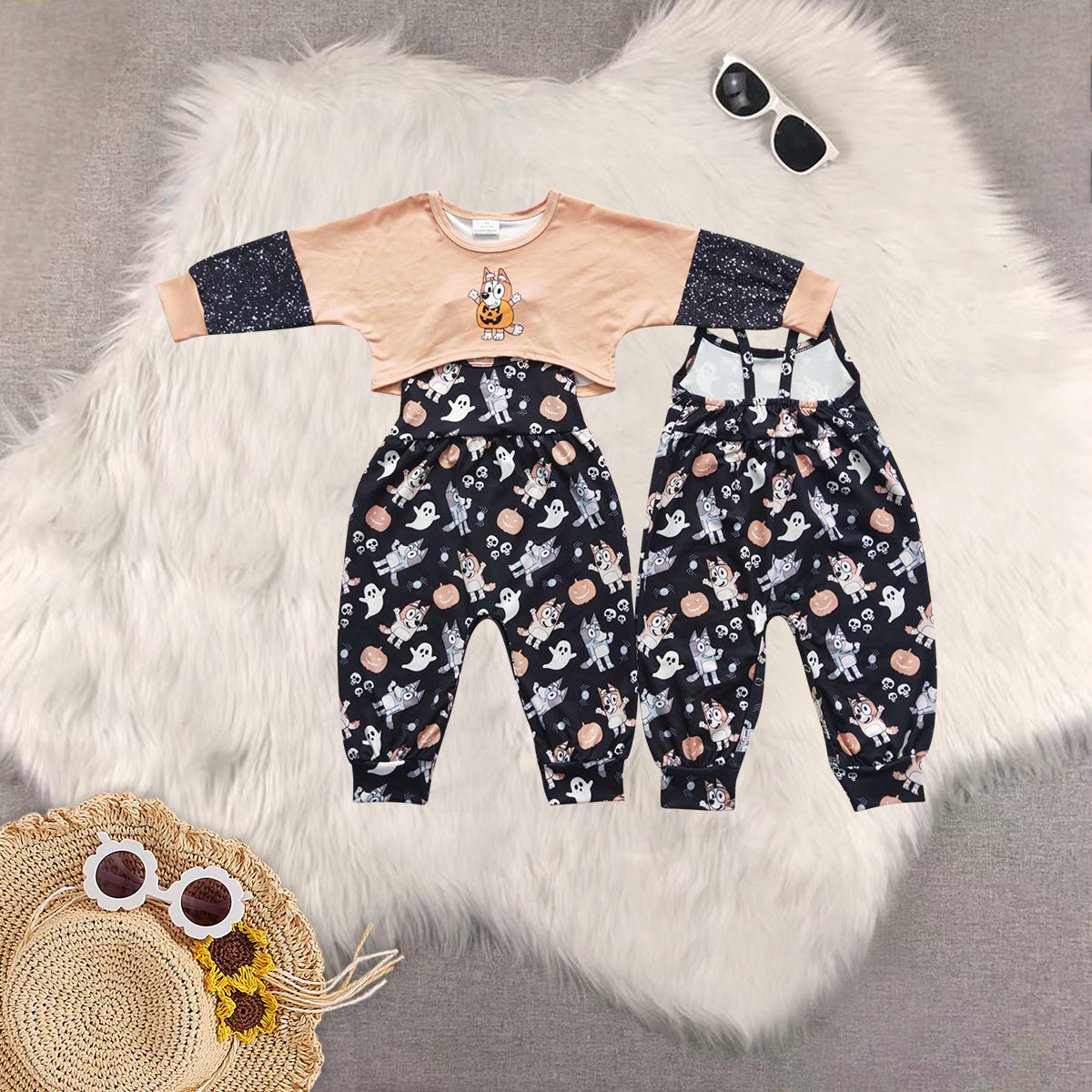 Sibling Baby Girls Halloween Dogs Ghost Pumpkins Top Jumpsuits 2pcs Clothes Sets